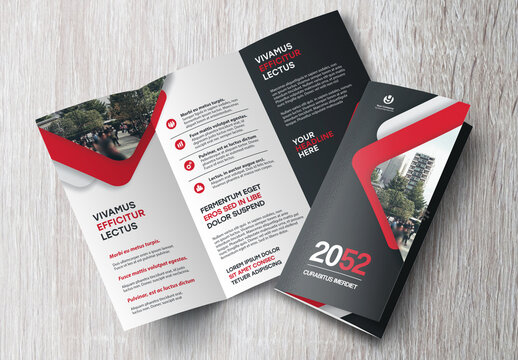 Corporate brochure design template &ndash; Professional modern tri-fold leaflet with geometric layout and business theme in Red and Black