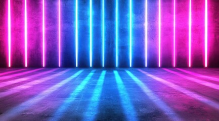 Neon magenta and blue glowing lines cast vibrant reflections on textured concrete floor and wall in a dark empty studio, creating a futuristic abstract backdrop for display