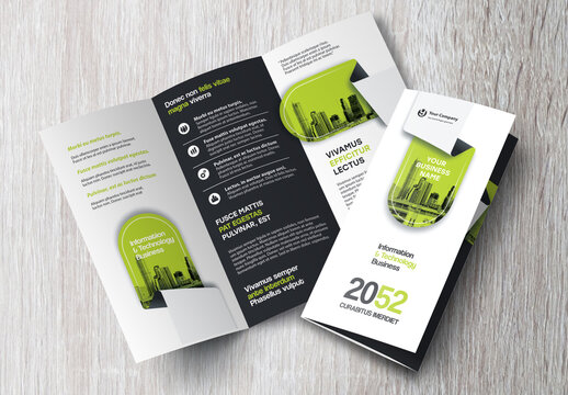 Corporate brochure design template &ndash; Professional modern tri-fold leaflet with geometric layout and business theme in Green and Black