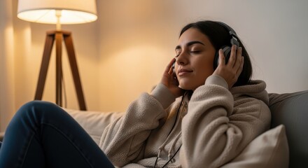 Obraz premium Young woman enjoying music while sitting on a sofa in a cozy room 