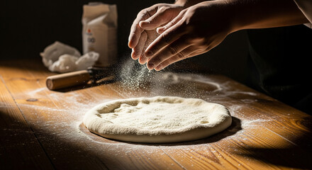 Artisanal Flour Dusting Over Pizza Dough