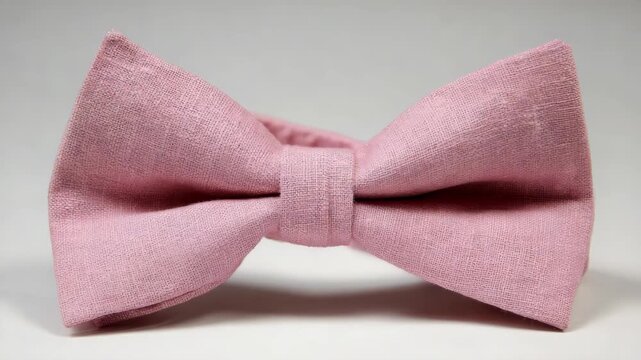 Textured pink bow tie displayed in close-up, realistic photography style, on a plain neutral background, symbolizing fashion and elegance