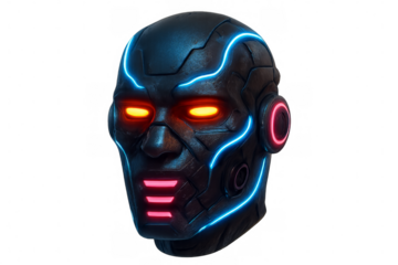 Futuristic robot head with glowing neon light details