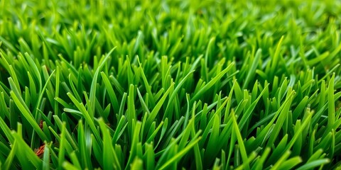 Close-up view of lush artificial turf, vibrant green blades, photography, polypropylene