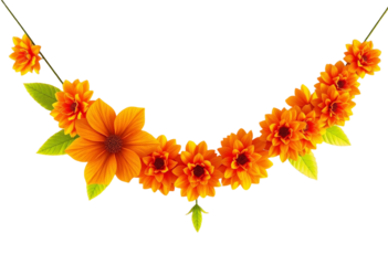 Marigold Garland. Yellow Orange Paper Cut Flower. Indian Festival Flower and Mango leaf. Happy Diwali, Dasara, Dussehra Dasara, Ugadi. Decorative Elements for Indian Celebration.
