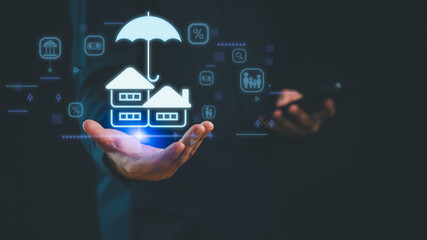 Real estate insurance concept with businessman holding digital house and umbrella icon, property protection, risk management, financial security, and modern home investment safety solutions.