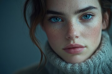 Fototapeta premium Serious young woman with freckles in studio