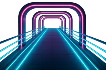 Futuristic neon tunnel walkway glowing purple and blue light