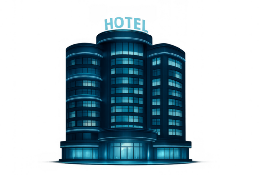 Modern hotel building with neon blue light elements
