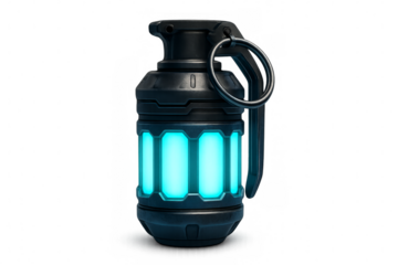 Futuristic grenade glowing cyan on transparent background