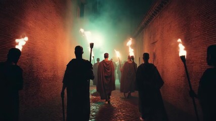 Group of cloaked figures holding torches walking in a dark alley with brick walls, cinematic style, glowing fog background, ancient ritual theme - Powered by Adobe