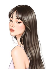 Naklejka premium 美しい女性のイラストロンクヘアスタイルとメイクアッフのホートレート