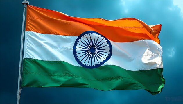 Waving Tricolor Flag with Blue Chakra Against Cloudy Sky