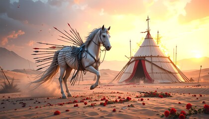 Obraz premium Full HD Dramatic Karbala War Scene with Burning Tent and Lone Wounded Running Horse on red desert through the burning.