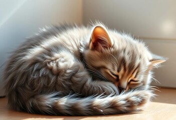 Fluffy grey kitten sleeping curled in a sunbeam,  warm,   peaceful
