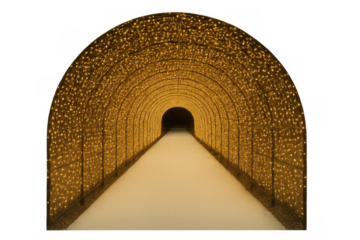 Golden light tunnel leading into darkness on transparent background