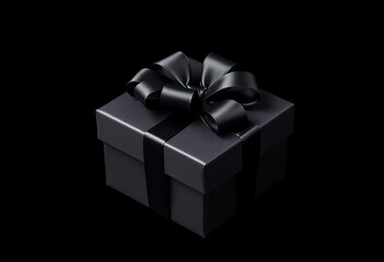 Elegant black gift box with a satin bow, isolated on black background,  festive,  sophisticated
