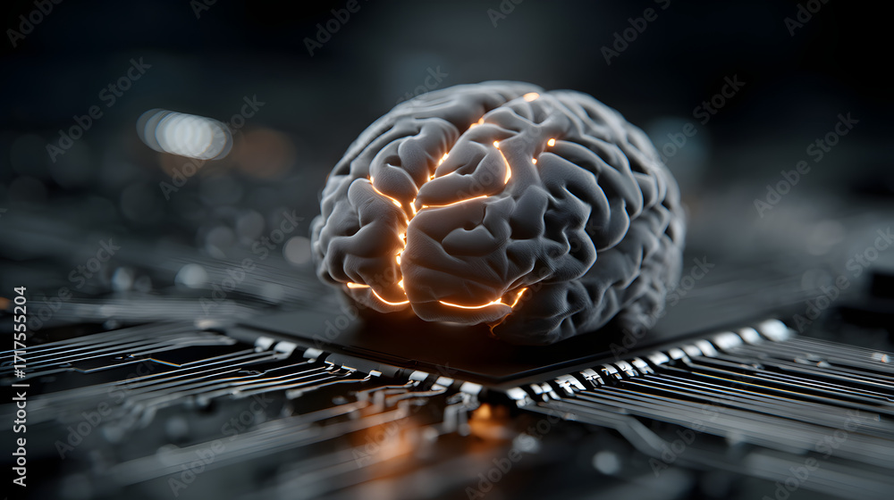 Poster a digital brain with circuit lines representing artificial intelligence in cybersecurity defense sys