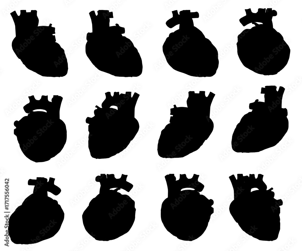 Aufkleber black heart silhouettes arranged in a symmetrical pattern on a white background, each with unique sh