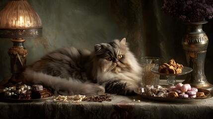 Vintage Indulgence: Regal Persian Cat Lounging Beside an Elegant Dessert Platter in Luxurious Decor