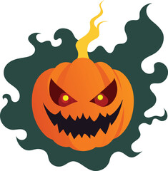 Scary halloween pumpkin with glowing eyes and smoke