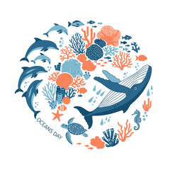 Fototapeta premium Celebrate oceans day with vibrant sea life including whales, dolphins and coral reefs