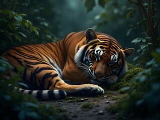 Obraz premium Tiger’s Midnight Dream: A close-up shot of a Bengal tiger sleeping soundly on mossy ground in a dense jungle, capturing its striking stripes and soft breathing in moonlight.