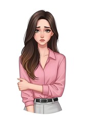 悲しい表情の女性のイラストヒンクのシャツと茶色の髪