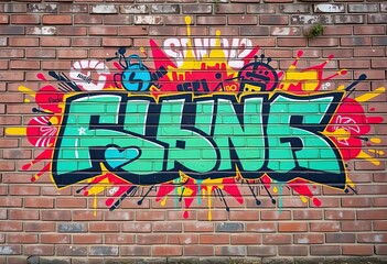 Vibrant graffiti art explodes across a weathered brick wall, palette, texture