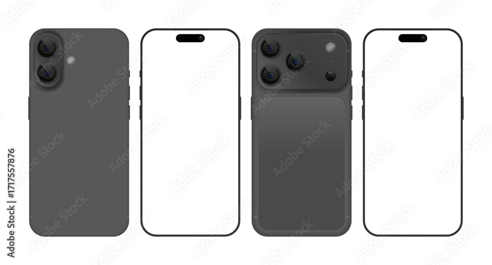 Poster modern smartphone mockup set – realistic 3d mobile phones front and back with dual and triple camera
