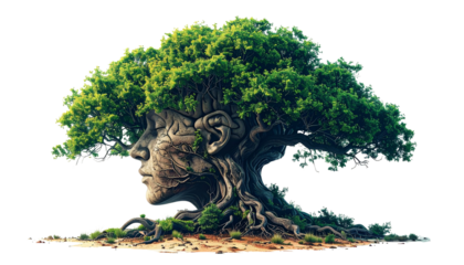 Mind Growth: Conceptual Illustration of a Tree Growing from the Human Mind isolated on solid white background Png form