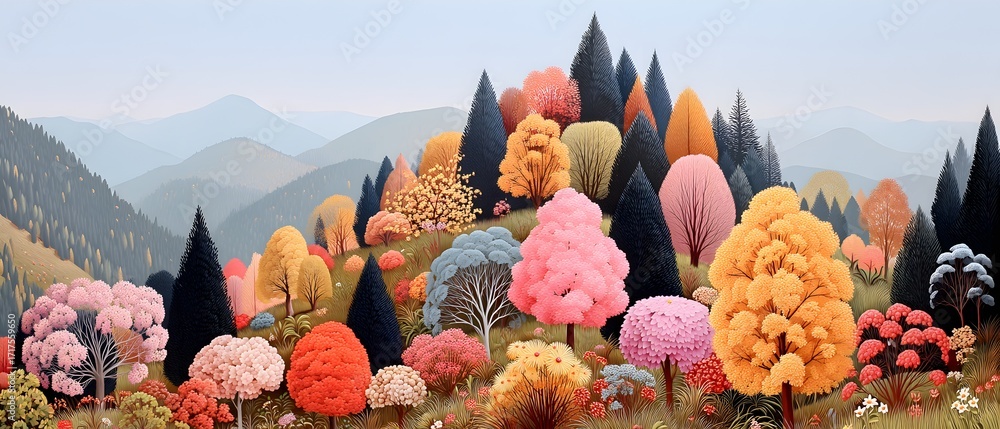 Poster a colorful forest with many trees and a mountain in the background