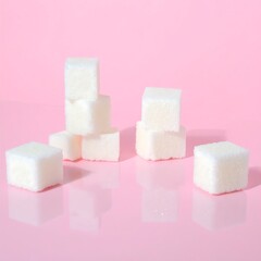 White Sugar Cubes on Pink Background.
