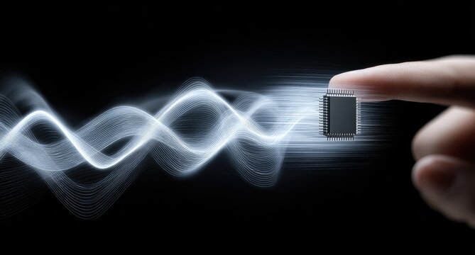 A hand's fingertip points to a central processing unit, surrounded by abstract wave patterns.