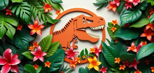 Obraz premium Vibrant paper-cut T-Rex emblem, lush tropical leaves & flowers, texture, tropical