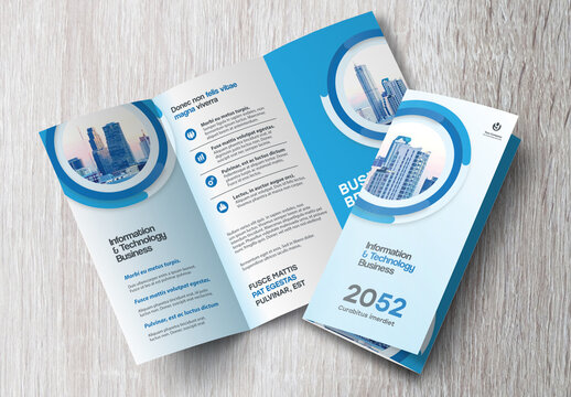 Corporate brochure design template &ndash; Professional modern tri-fold leaflet with geometric layout and business theme in Blue and White