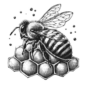 honeycomb bee line art drawing ink sketch vector hand drawn illustration, beetle, bug, ​insect, moth,