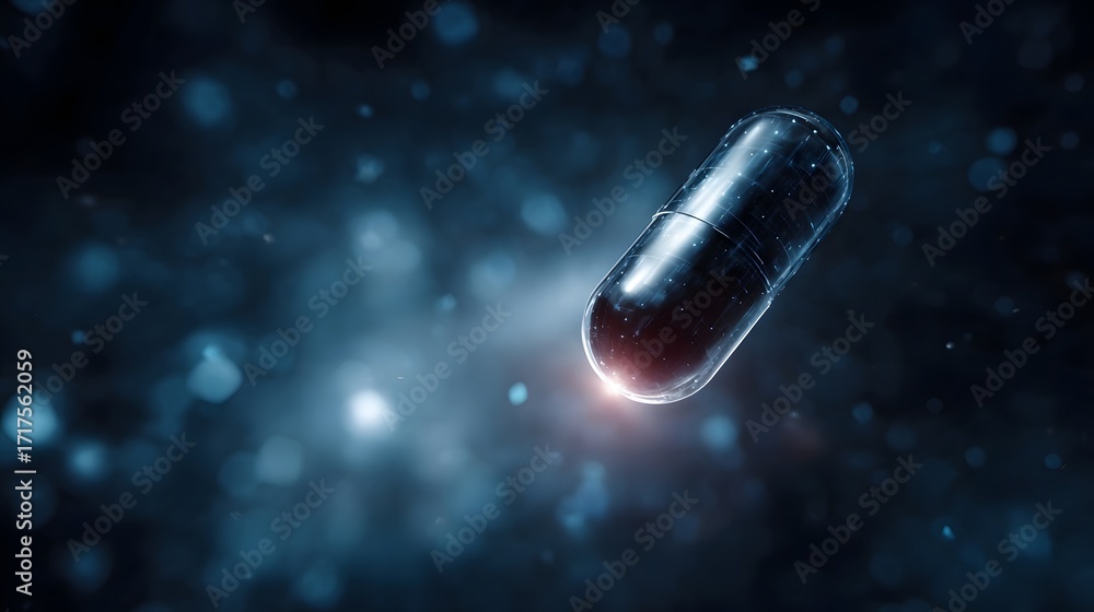 Poster a futuristic glowing capsule floats in a dark digital environment with bokeh effects