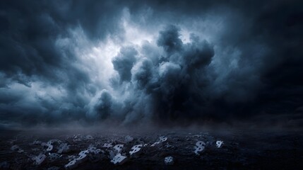 Obraz premium Dark storm clouds loom over a desolate landscape scattered with dollar signs symbolizing financial crisis