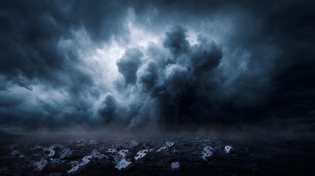 Dark storm clouds loom over a desolate landscape scattered with dollar signs symbolizing financial crisis - Powered by Adobe