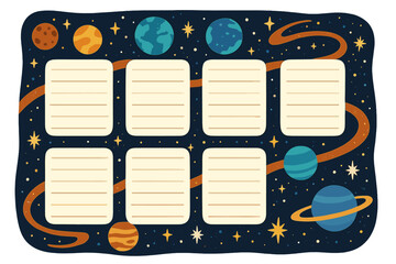 School timetable with solar system. Galaxy universe weekly planner template. A4 school schedule and time table frames with planets and stars in outer space. Children education.