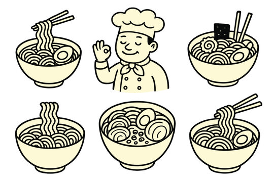 Naklejki Ramen noodle soup vector icon set. Japanese chef character and asian food collection. Doodle line art illustration of traditional noodle bowl with chopsticks, egg and nori.