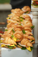 a long table with croissant sandwiches and a bottle of beer