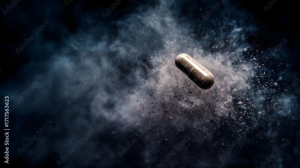 Poster dynamic dramatic explosion of a single capsule breaking apart scattering fine powder and particles i