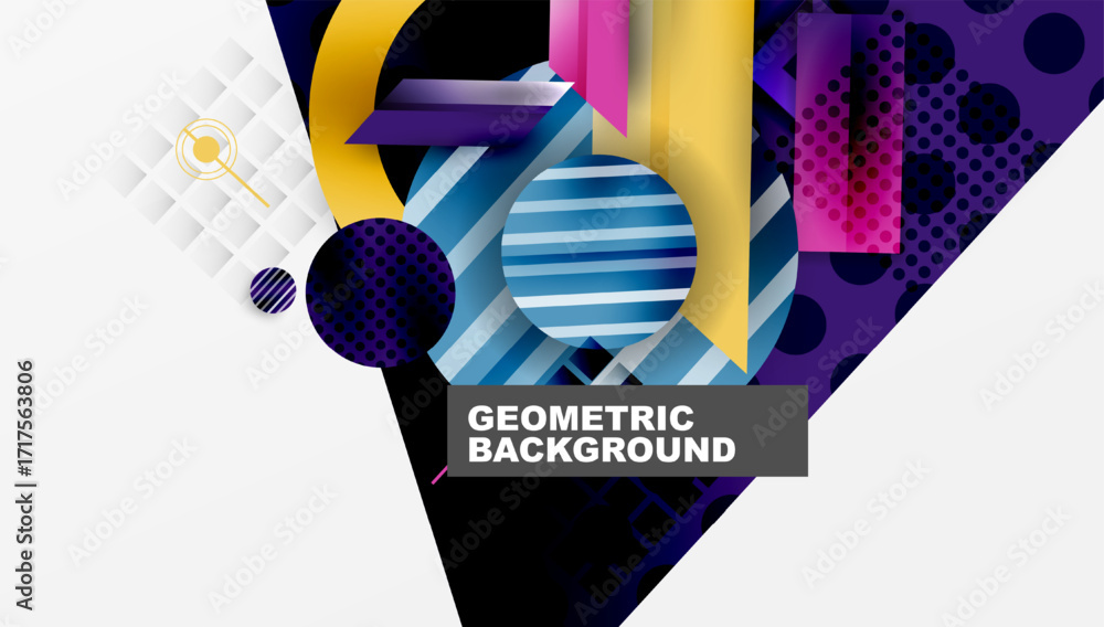 Poster abstract geometric design. vibrant colors, shapes overlap creating modern visual impact. clean lines