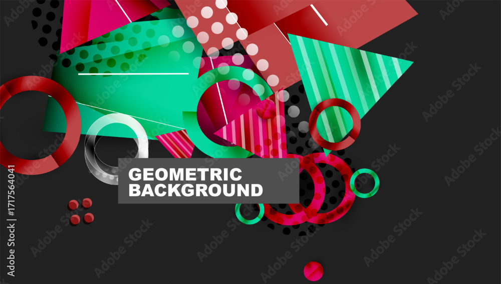 Poster abstract geometric composition. vibrant colors, shapes overlap creating dynamic visual effect. moder