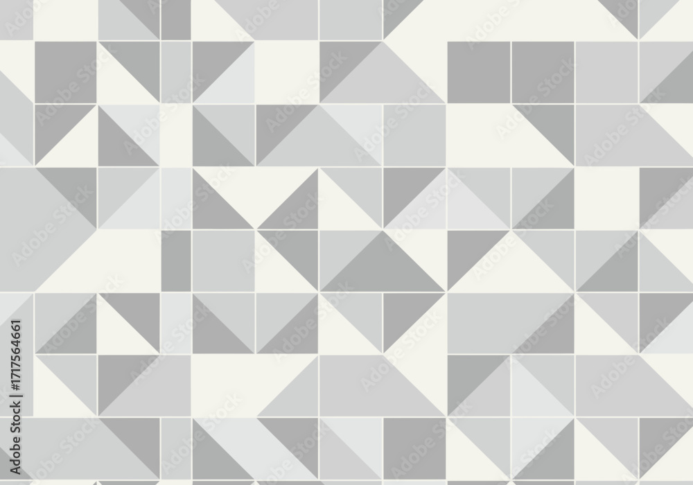 Poster monochrome geometric mosaic with gray and white triangles and squares creating a structured pattern,