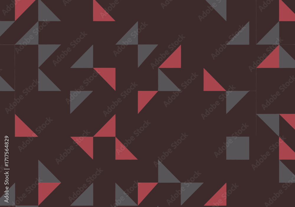 Poster geometric background with red and gray triangles and squares scattered randomly on a dark brown back