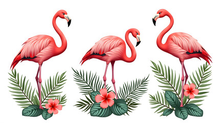 Fototapeta premium Pink Flamingo and Tropical Plants Vector Set with Palm Leaves African Leafs and Rainforest Flowers