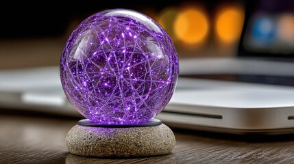 Purple glowing crystal ball on stone stand with laptop